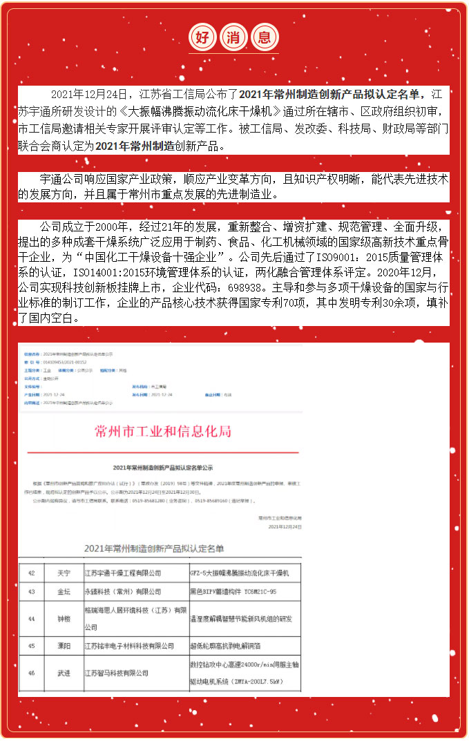 [宇通干燥]好消息！江苏宇通所研发的产品被认定为常州制造创新产品！